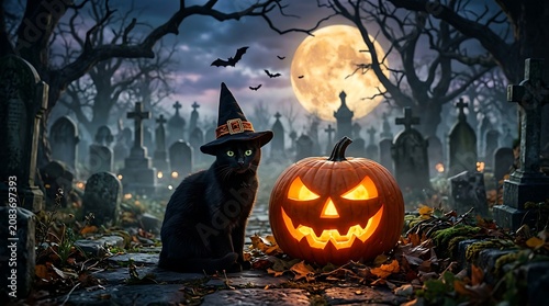 Black cat wearing witch hat with halloween jack o lantern pumpkin in spooky graveyard background
