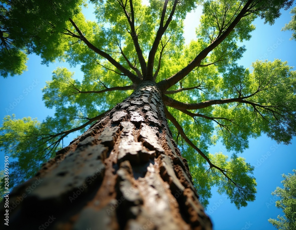 Fototapeta premium Looking up at large tree trunk with green leaves against clear blue sky. Sunlight shines through canopy, illuminating vibrant forest nature scene. Healthy plant grows tall.