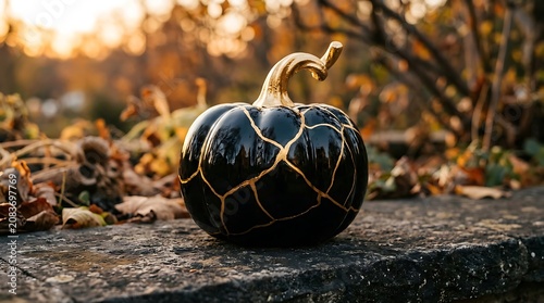 Black pumpkin decorative object with gold kintsugi cracks on stone surface in autumn garden background