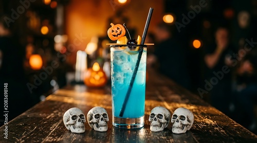 Halloween cocktail with blue lagoon drink and skulls on bar counter, spooky party beverage with pumpkin garnish, nightmare nightlife concept