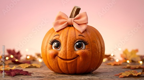 Halloween pumpkin cute girl character with pink bow ribbon and big eyes on wooden table with autumn leaves background
