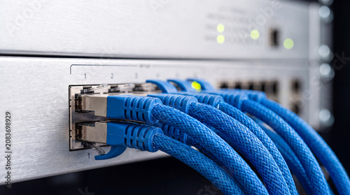 Photos Server rack with blue ethernet cables connected to a network switch