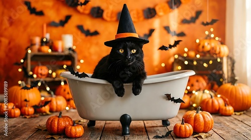 Black cat wearing witch hat inside bathtub with halloween pumpkins and orange bokeh background