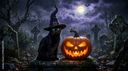 Black cat wearing witch hat with scary halloween jack o lantern pumpkin in spooky cemetery night background