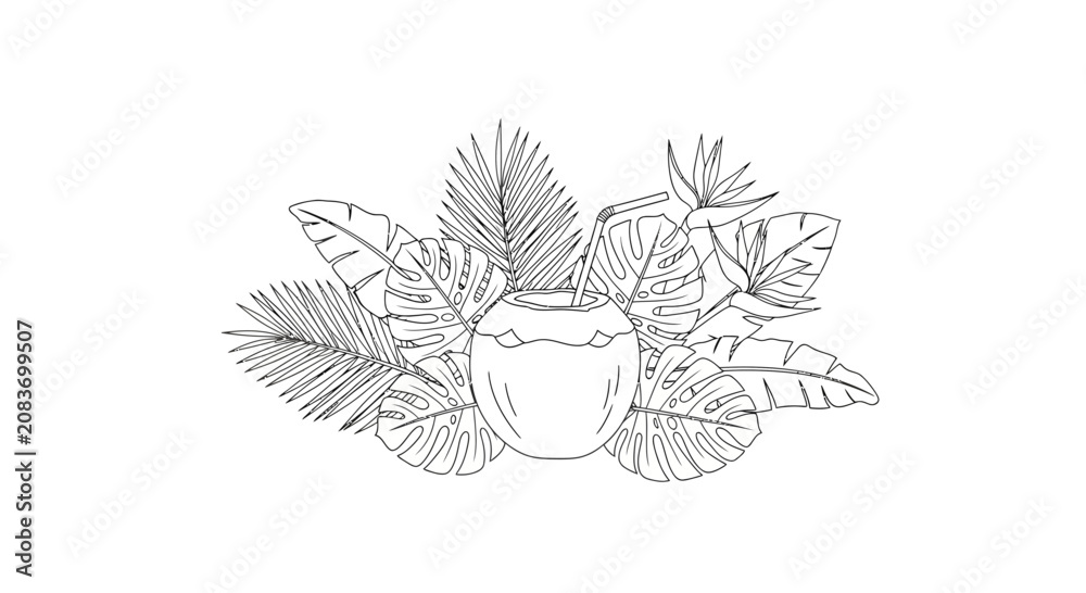 Fototapeta premium Hand drawn tropical coconut drink with exotic leaves and flowers sketch.
