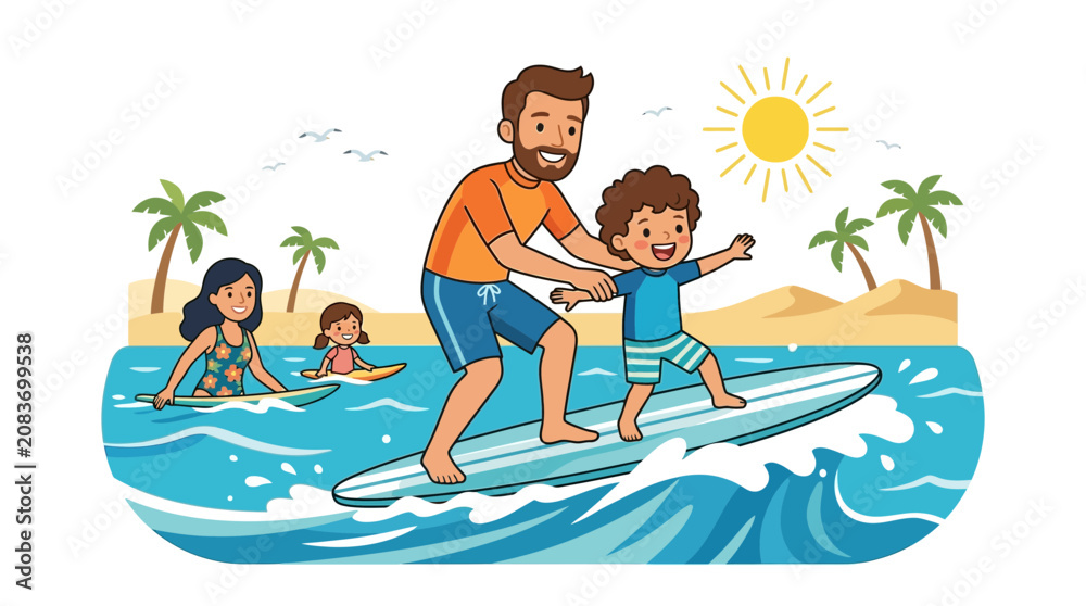 Obraz premium Father teaching his young son to surf on a surfboard.