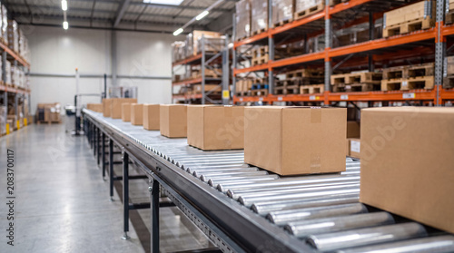 Fotografía Cardboard boxes moving on a roller conveyor in a warehouse