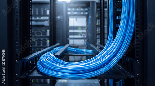 Fotografi Modern data center with organized blue network cables