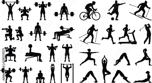 Fitness Gym Workouts Sports and Yoga Silhouettes Set Featuring Athletes Weightlifting Running and Cycling