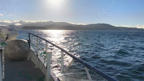Azores, Portugal. Passenger ferry crossing the Atlantic Ocean from Faial to Pico Island with scenic coastal views and the beautiful volcanic landscape of the Azores.
