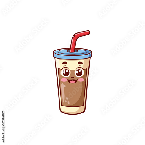 Kawaii cartoon soda cup character with smiling face and straw, cute beverage illustration isolated on white background