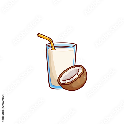 Fresh coconut milk in a glass with a straw and a half fruit shell isolated on white background