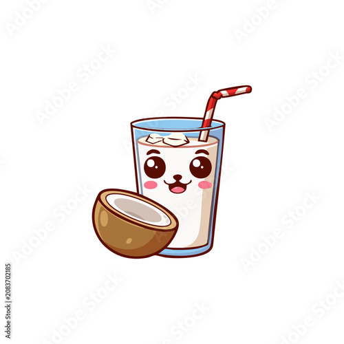 Adorable Kawaii Coconut Milk Beverage Character in Glass with Straw and Fruit Slice Vector Illustration