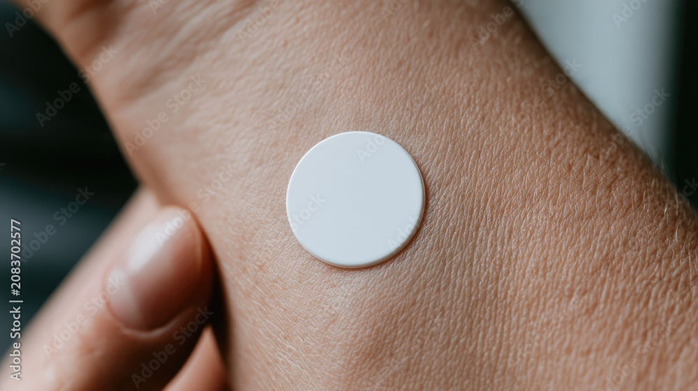 Fototapeta premium Continuous glucose monitor skin patch close up wearable medical device on arm with natural light and copy space