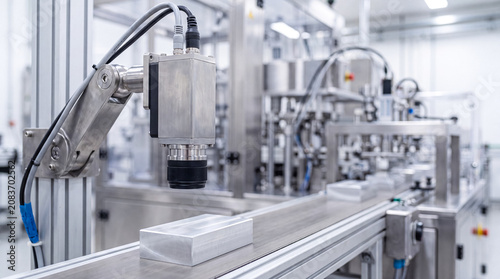 Tableau sur toile Automated industrial machine with robotic arm and conveyor belt