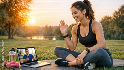 Woman exercising in park with laptop and personal trainer on screen.