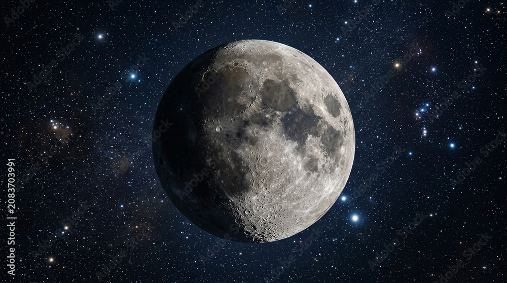 Fototapeta premium Bright full moon in a vibrant, star-filled deep space universe.
