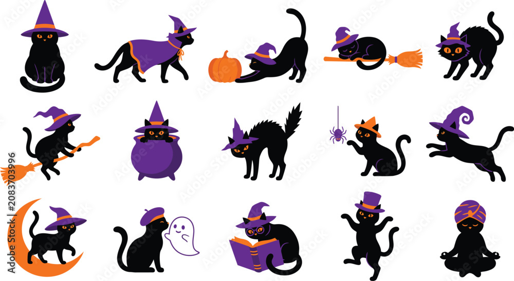 Obraz premium Black Halloween Cats with Pumpkin, Broom and Witch Accessories Vector Set