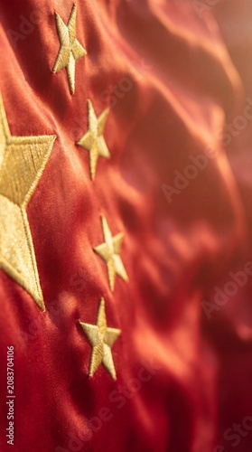 Ultra Realistic Cinematic China Flag Background, Luxury Red Satin Fabric with Golden Stars, Dramatic Lighting, Premium Waving Chinese Flag, Elegant Copy Space, Macro Textile Texture for Photo and Vide
