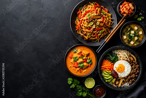 Asian cuisine assortment with bibimbap, stir fry noodles and red curry. Traditional oriental food dishes on dark stone table. Korean and Thai dinner set. isolated on White Background ai
