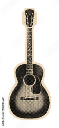 Vintage acoustic guitar illustration with retro halftone shading, a classic stringed musical instrument for playing folk or country music