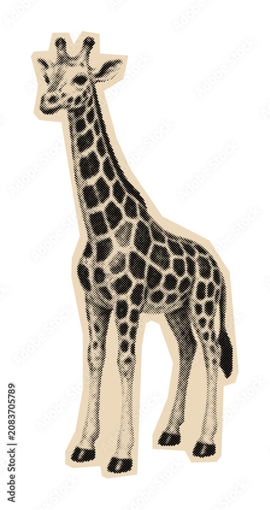 Obraz premium Vintage giraffe illustration with halftone dot shading, depicting an African animal in retro comic style
