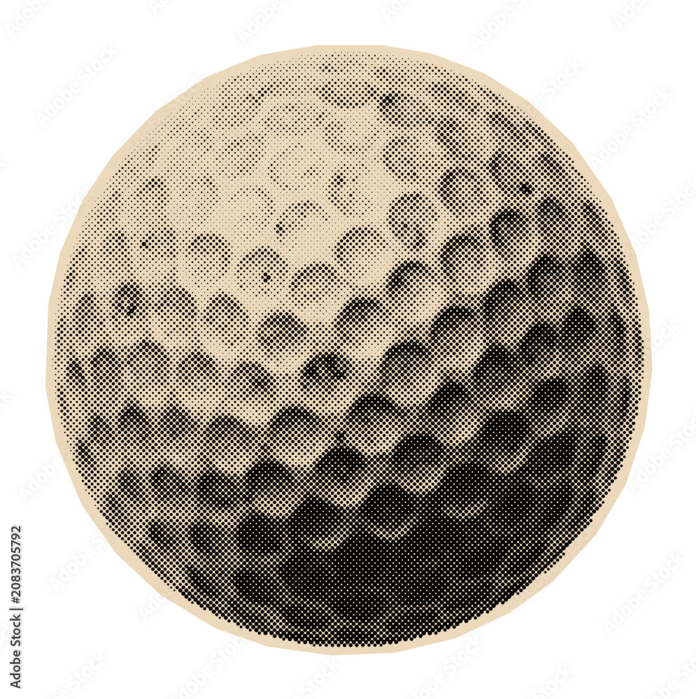 Fototapeta premium Single golf ball with its classic dimpled texture, illustrated in a vintage halftone engraving style for sports and recreation concepts