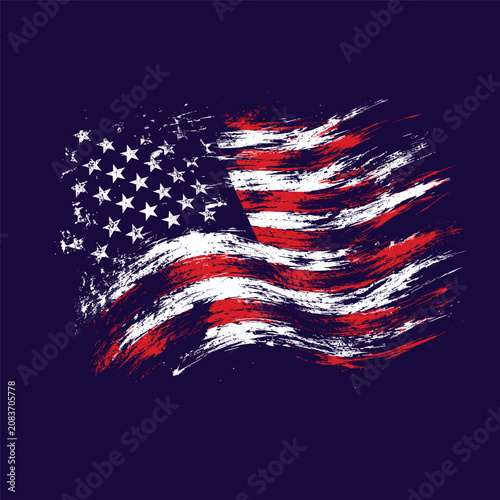 Grunge American flag vector with distressed brush strokes. Artistic USA flag illustration on dark blue background. Patriotic United States banner.