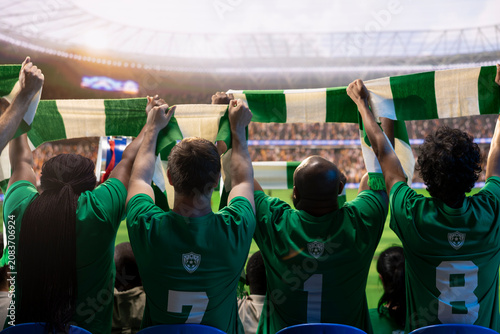 Fotografie Rear view of football supporters in sports jerseys raising hands with scarves in packed stadium, cheering crowd holding match day merchandise