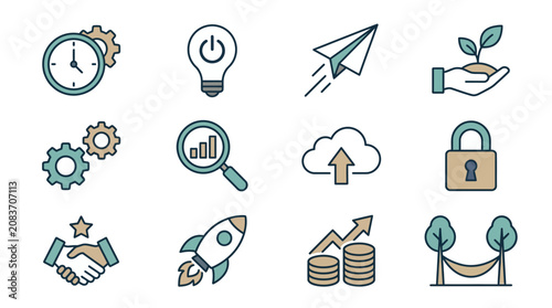 Modern business growth and startup line icons.