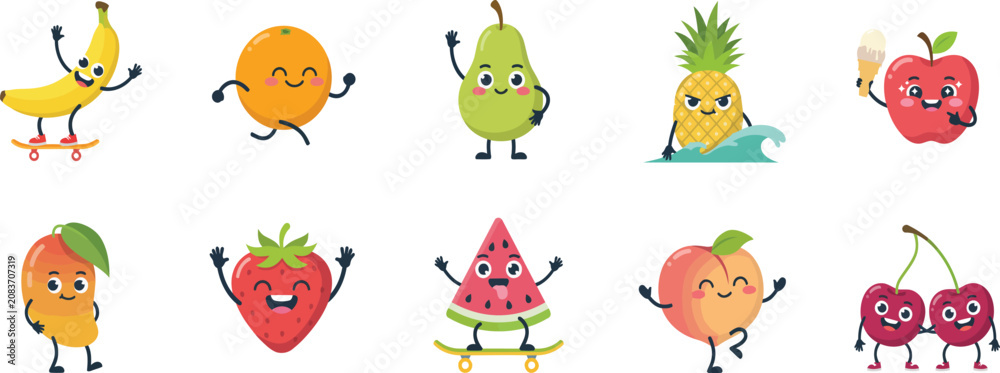 Obraz premium Cute cartoon fruit characters set with happy faces and funny poses