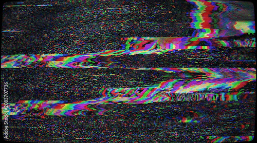 Abstract TV signal glitch with colorful rainbow static noise.