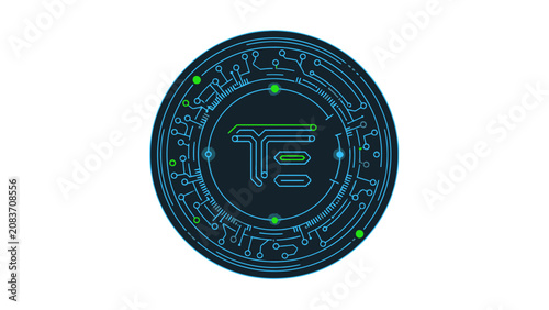 Digital Technology Monogram 'TE' on Dark Blue Circuit Board Circle, isolated white background