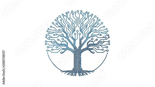 Stylized Circuit Board Tree Representing Digital Network and Growth, isolated white background