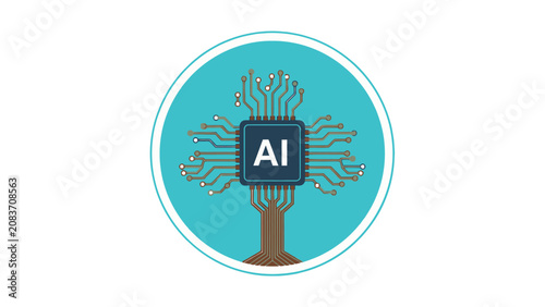 Artificial Intelligence Circuit Board Tree Logo in Blue Circle, isolated white background