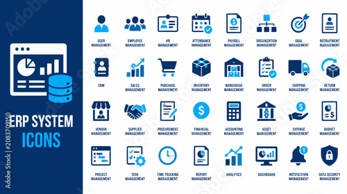 Collection of ERP System Icons for Business Software Infographic.
