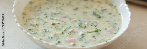 Photography A bowl of creamy soup with herbs and small pieces of meat