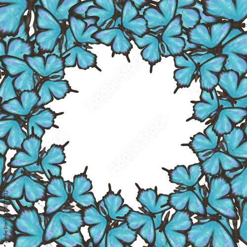 Elegant blue butterfly wreath forming a circular frame with spacious copy area. Decorative nature background for greeting cards, invitations, posters, branding and seasonal designs