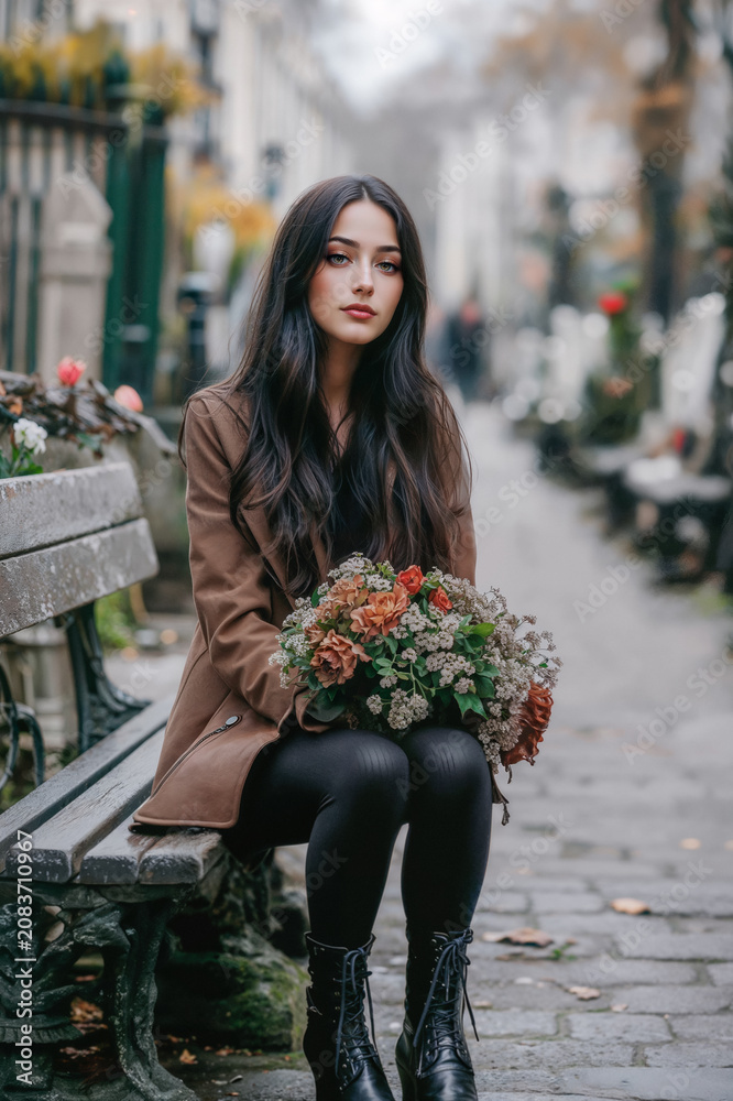 Fototapeta premium Stylish Brunette Woman Holding a Floral Bouquet on a Charming City Street