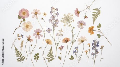 Pressed dried flowers arrangement on white background