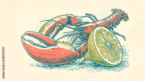 Illustration of a lobster with a lemon slice.