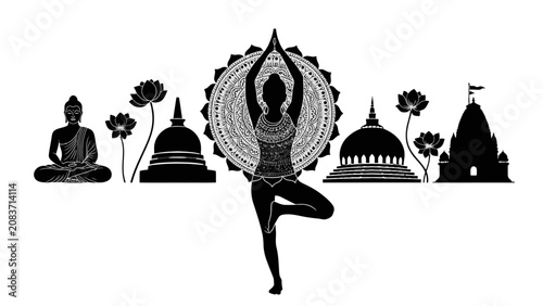 Serene Indian Spiritual Scene, Buddha Stupas Temple and Woman in Yoga Tree Pose, Isolated White Background.