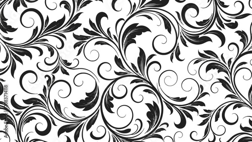 Elegant Black and White Ornate Floral Scroll Seamless Pattern, Vintage Decorative Background.