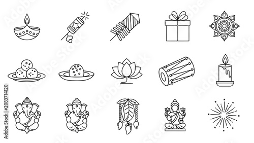 Diwali Festival Line Art Icons Set with Lamps, Sweets, Firecrackers, and Deities, isolated white background