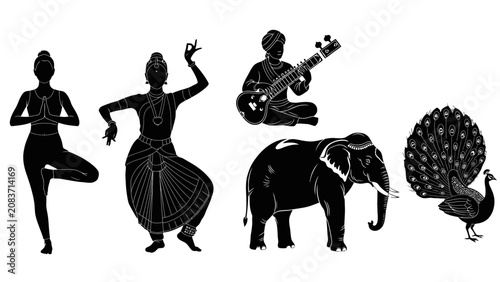 Indian Cultural Silhouettes Set, Traditional Dancers Musician Elephant and Peacock, Isolated White Background.