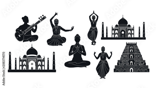 Diverse Indian Cultural Silhouettes Set, Traditional Dancers Musician and Ancient Temples, Isolated White Background.