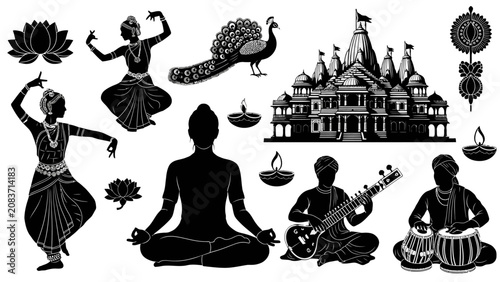 Extensive Indian Cultural Silhouettes Collection, Dancers Musicians Temple and Spiritual Elements, Isolated White Background.
