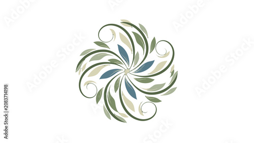 Abstract Green and Blue Circular Leaf Mandala Design, Organic Nature Inspired Pattern.
