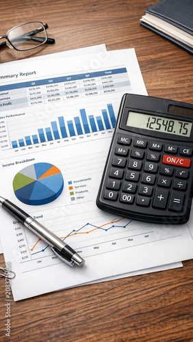 A financial calculator and reports on a desk.