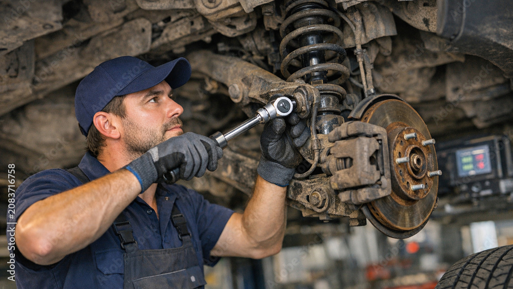 Fototapeta premium Two mechanics working on an engine, performing maintenance and repairs.